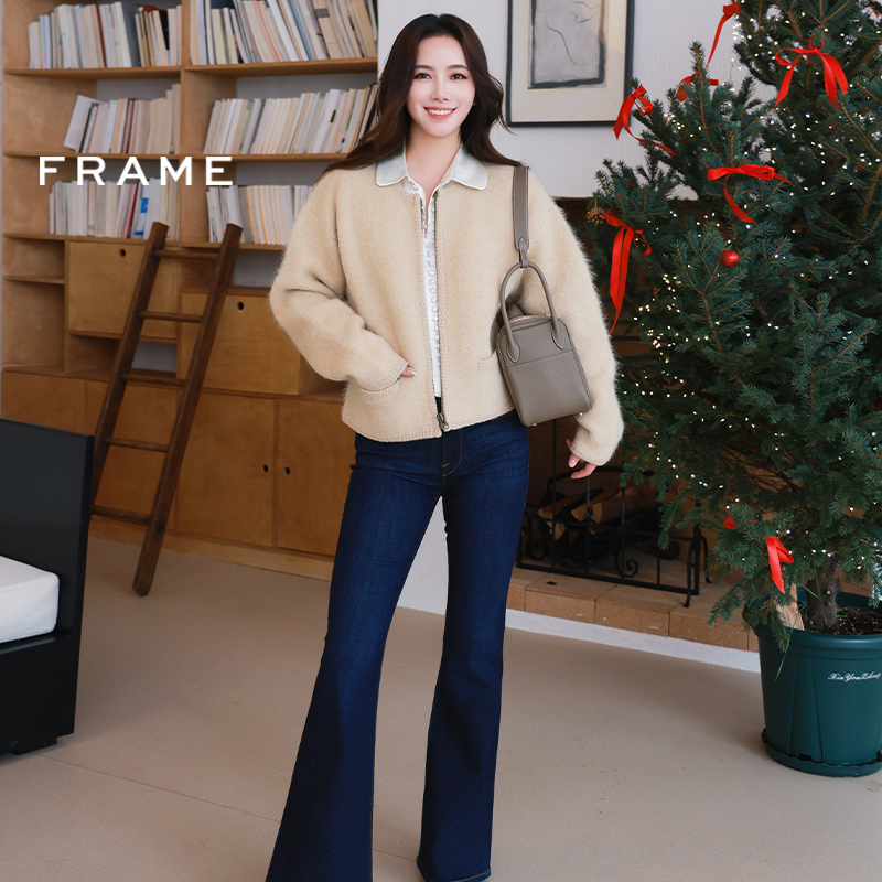 FRAME女士毛绒小香风拉链夹克外套宽松休闲