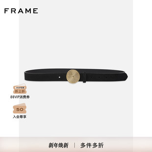 FRAME女士配饰黑色细长款 圆扣牛皮革复古腰带