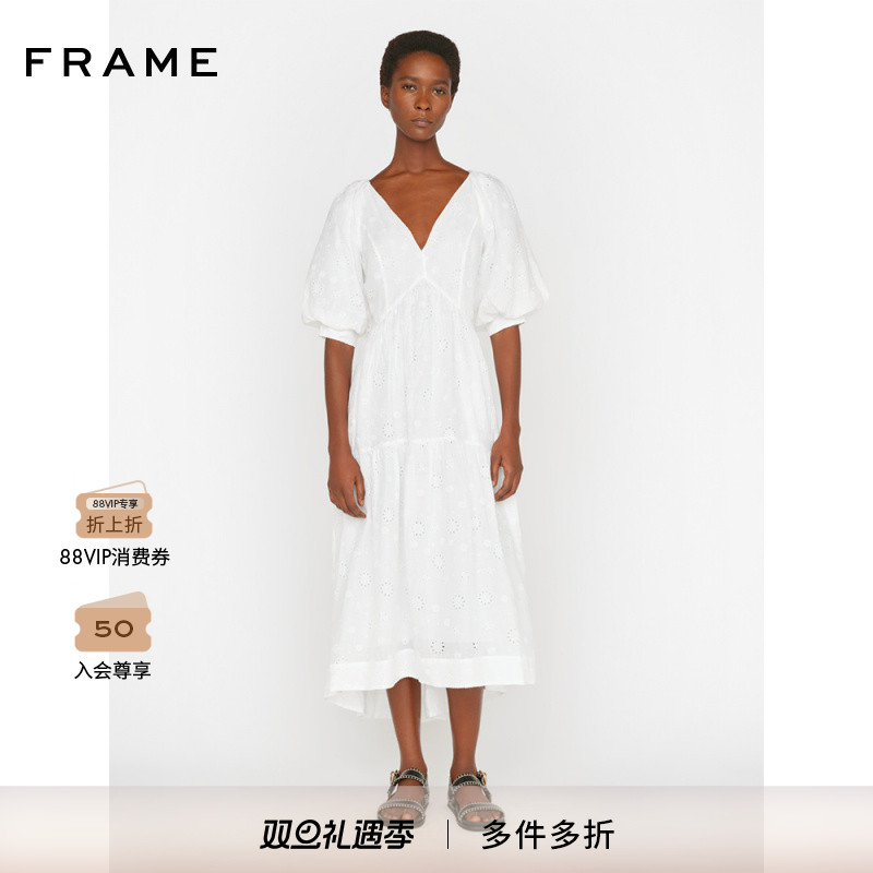 FRAME女士白色V领高腰线泡泡袖连衣裙长裙口袋设计