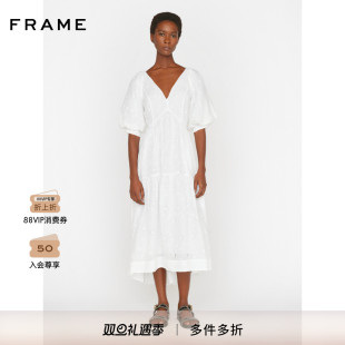 FRAME女士白色V领高腰线泡泡袖 连衣裙长裙口袋设计