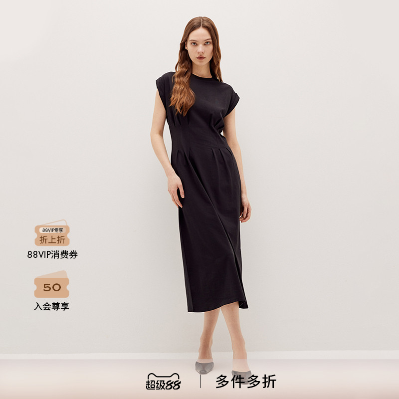 【2025新款】FRAME女士小圆领褶皱收腰短袖A字连衣裙小黑裙