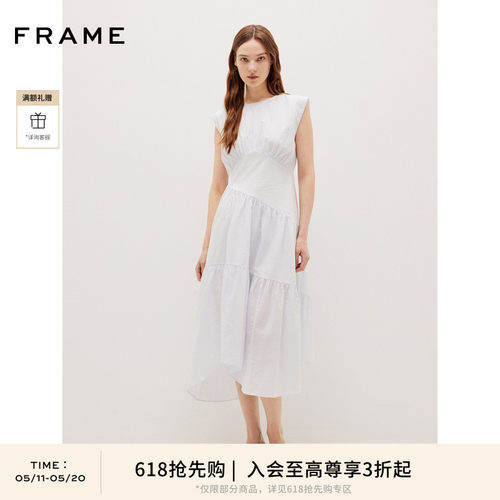 【618抢先购】FRAME女士无袖度假风淡蓝色A字连衣裙长裙