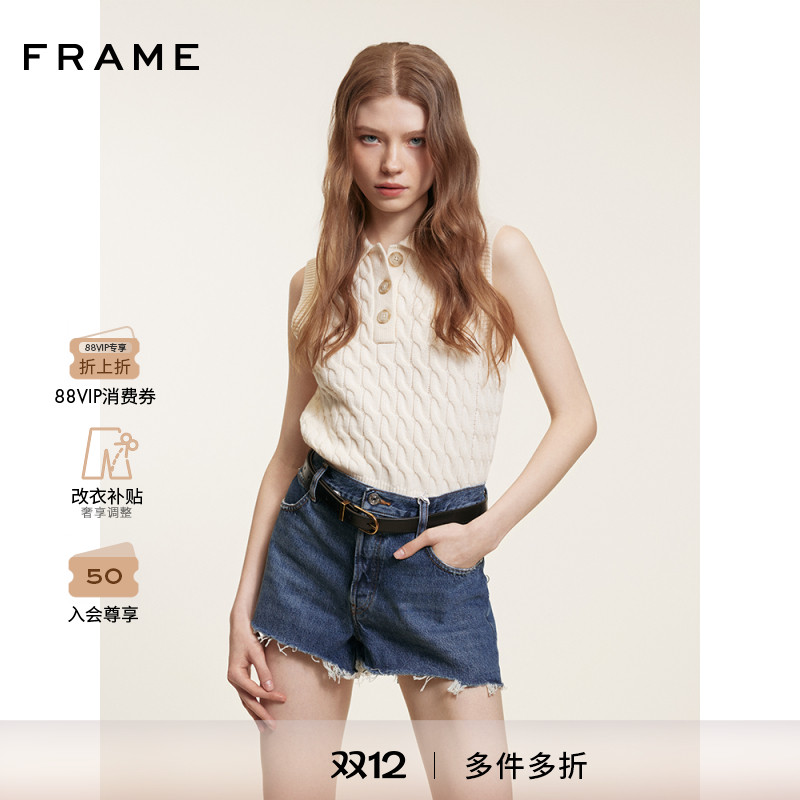 【2025新款】FRAME女士中腰毛边设计破洞牛仔短裤 THE HANG