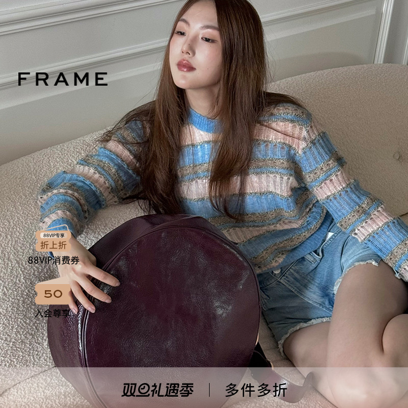 女士条纹针织衫frame套头圆领