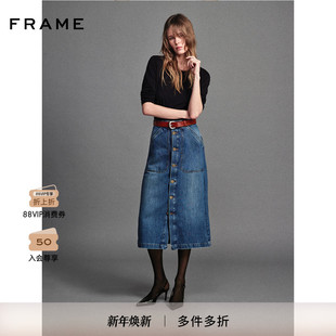 FRAME女士前开叉纽扣半身牛仔裙中长款 复古 美式