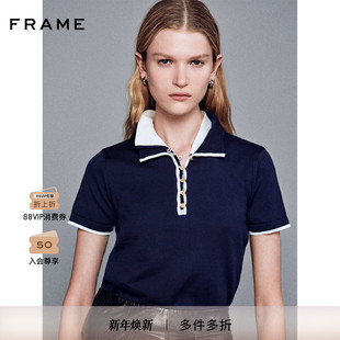 T恤 短袖 FRAME女士复古纯色翻领镶边POLO衫 新款 博主同款