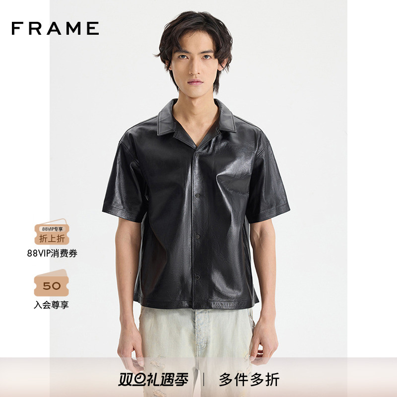 FRAME男士黑色短袖翻领皮衬衫机车时尚复古
