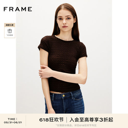 FRAME女士小圆领褶皱短袖T恤上衣经典日常通勤