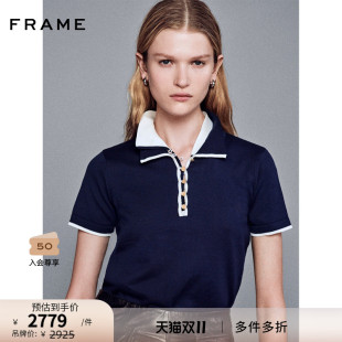 T恤 短袖 FRAME女士复古纯色翻领镶边POLO衫 新款 博主同款