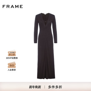 FRAME女士棕色深V领长袖 连衣裙垂感法式