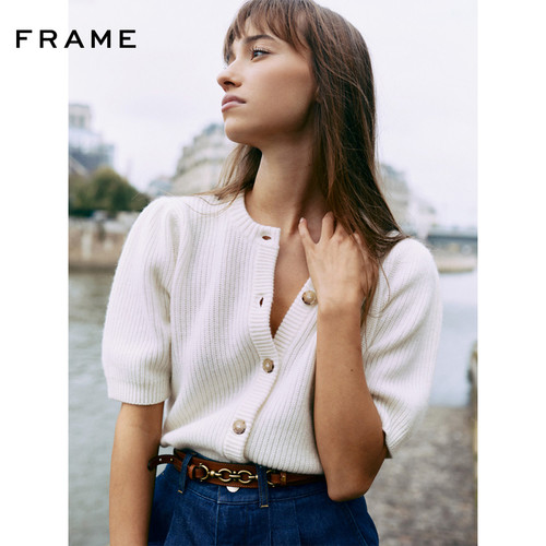 【博主同款】FRAME女士圆领纽扣开衫针织短袖半袖上衣