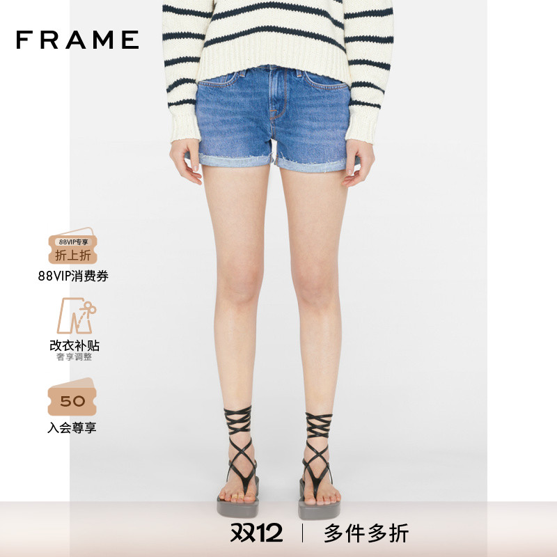 FRAME女士牛仔裤卷边短裤复古单宁LE GRAND GARCON