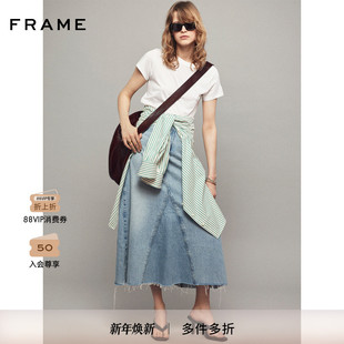 FRAME女士高腰水洗牛仔半身裙长裙简约复古毛边