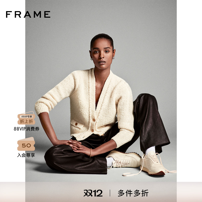 FRAME女士奶白色纽扣短款毛衣外套针织开衫叠穿