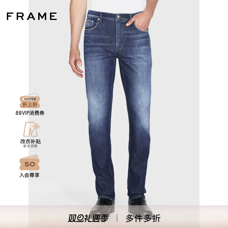 FRAME男士深蓝色水洗修身直筒牛仔裤美式复古