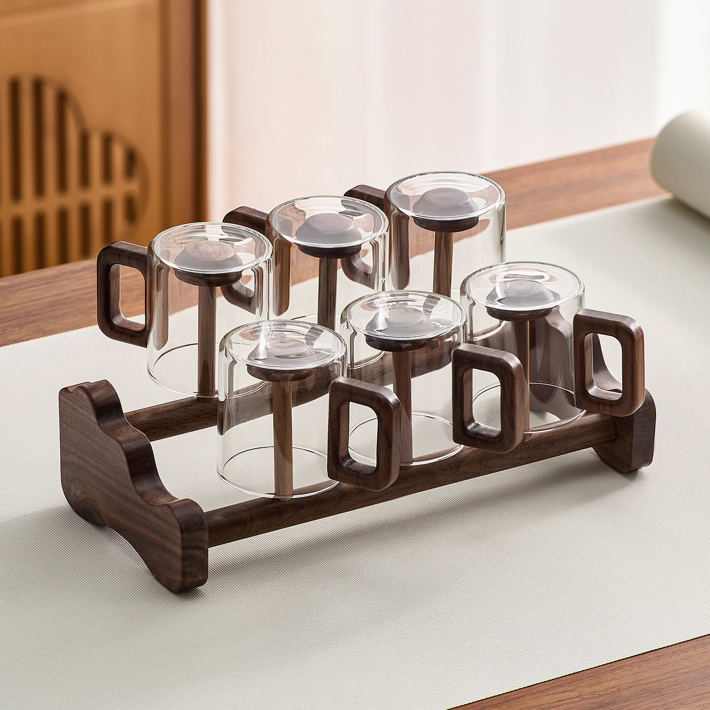 胡桃木杯架玻璃茶杯沥水架茶道配件茶具收纳架家用简约茶杯架置物