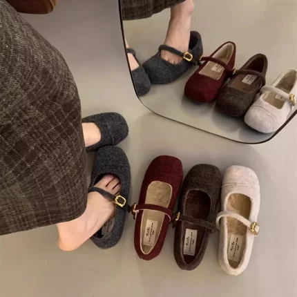 毛毛鞋女秋冬外穿新款法式复古仙女风圆头玛丽珍单鞋加绒平底棉鞋