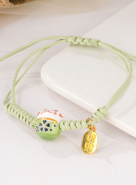 2024手工编织蜡线陶瓷招财猫咪手链小众设计感情侣手绳手链女