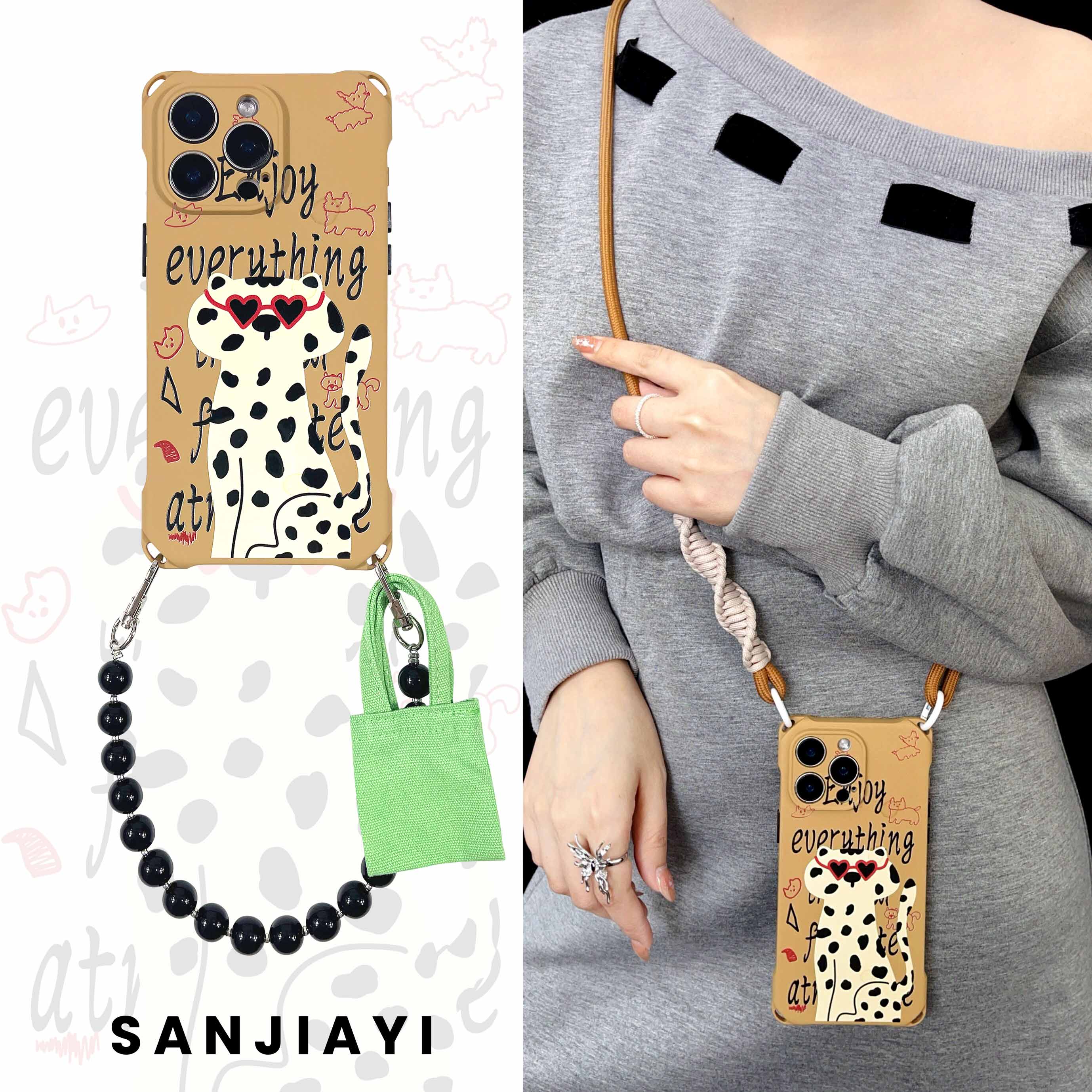 时尚潮酷斑点猫可调节挂绳手机壳