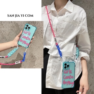 手拎单肩背适用苹果iPhone13四孔12软壳侧背长绳防摔11夏日新款 女人无所不能文字斜挎挂绳14Promax手机壳时尚