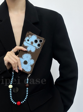 ins风碎蓝花~17promax适用于苹果iPhone16四角开孔手机壳斜挎挂绳小米华为mate70pro/60链条Pura80/nova14/15