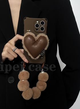 秋冬新款毛绒心~17promax支架手机壳~适用苹果16plus华为mate70Pro/60四角开孔pura80斜挎13挂绳小米15新款14