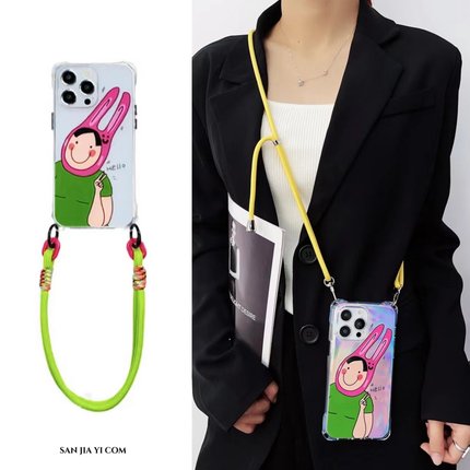 可爱哈喽长耳女孩手机壳斜挎15Promax手拎防摔挂绳14plus适用小米荣耀华为苹果iPhone13手提12侧背11新款透明
