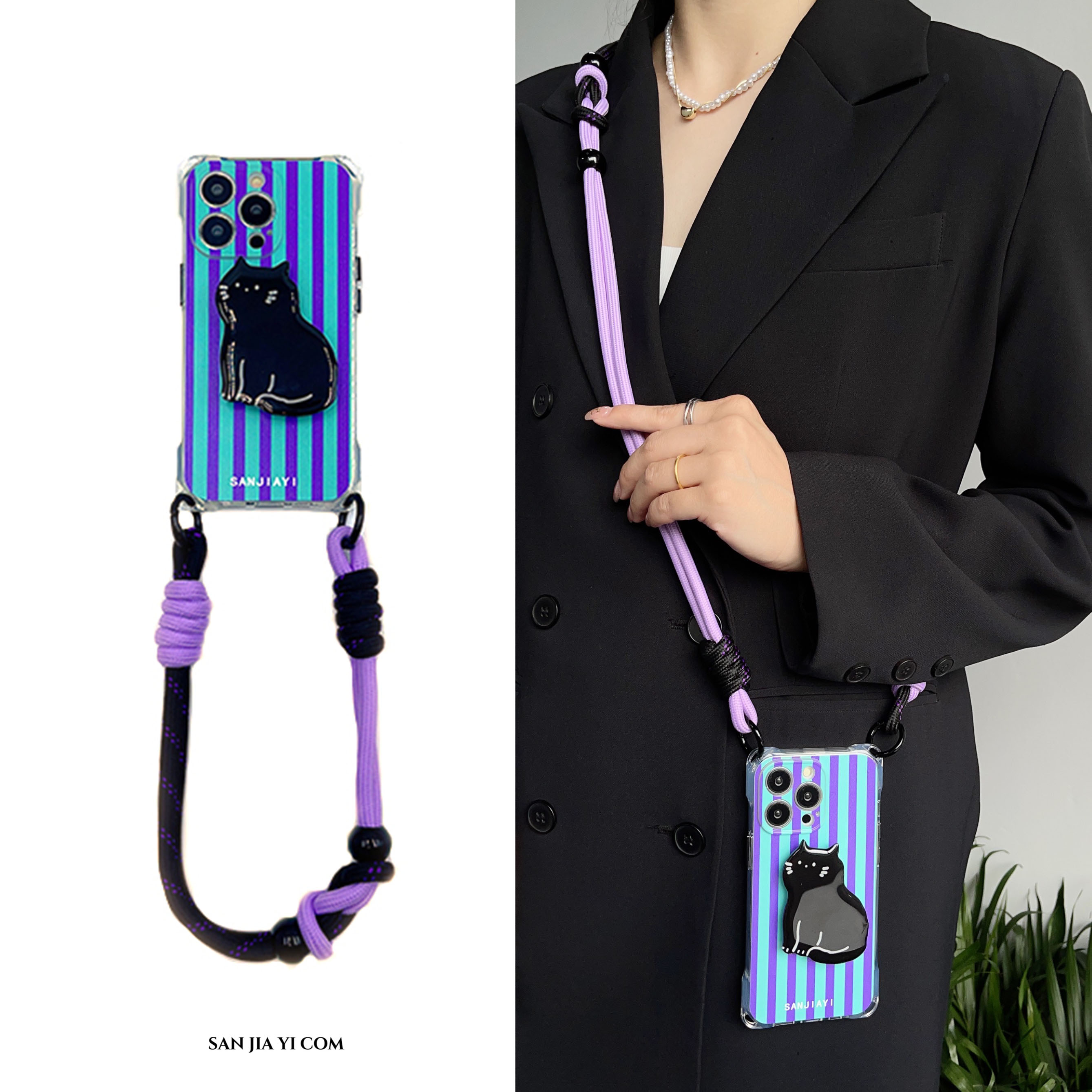 ins黑猫支架手腕挂绳手机壳斜挎