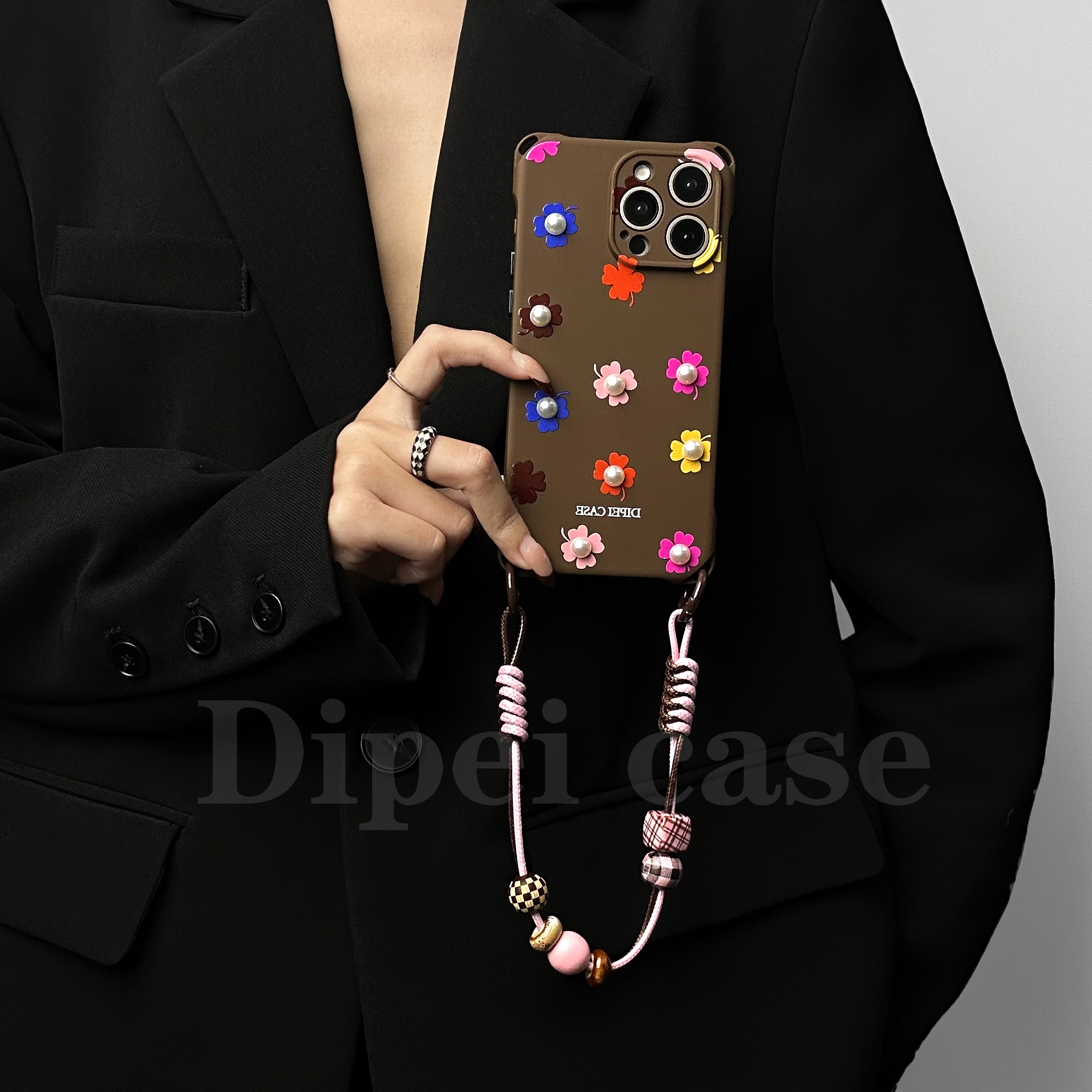 珍珠花调~四角开孔手机壳适用于苹果17promax斜挎挂绳iPhone16华为mate70pro/60新款Pura80手提nova14/小米15