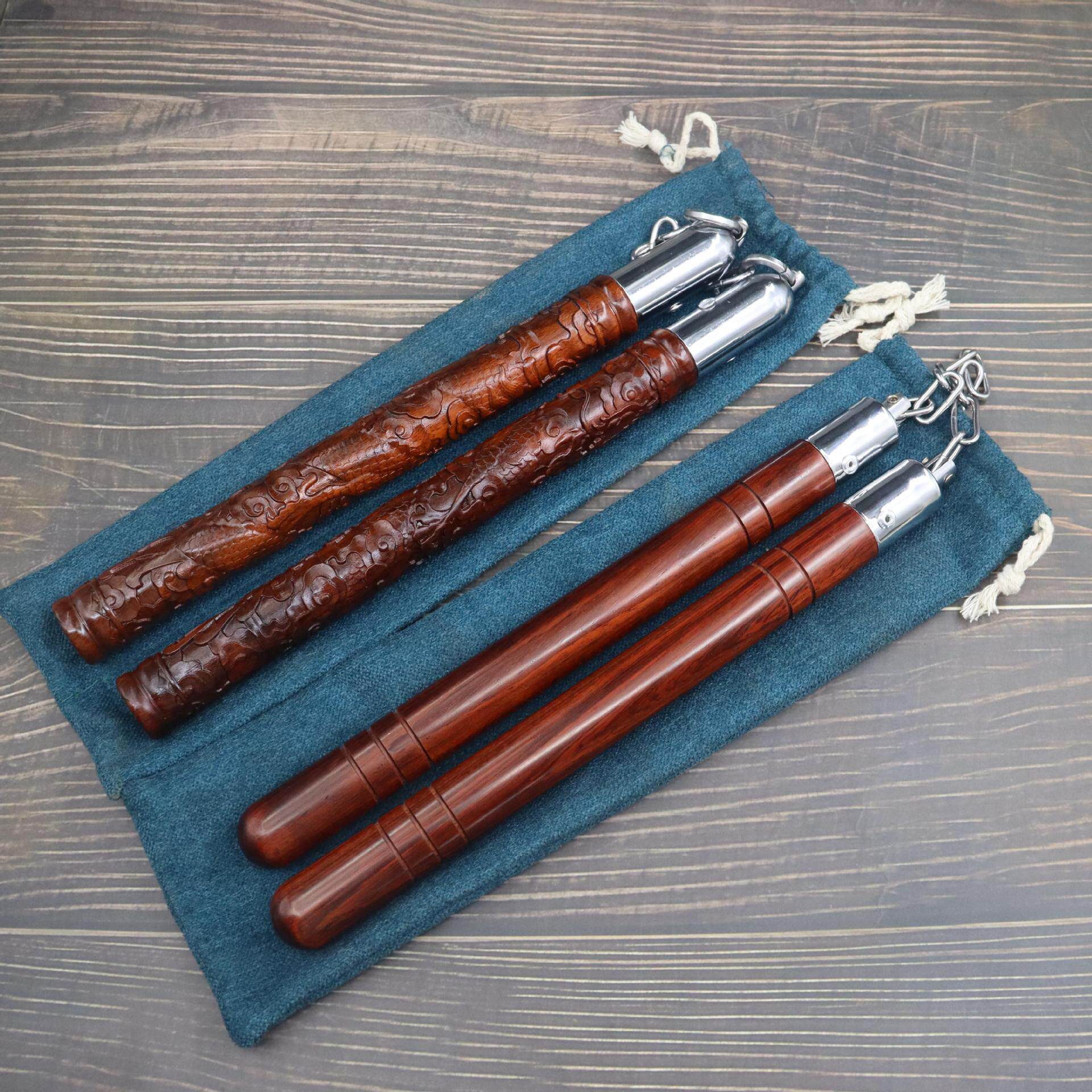 紫檀木双节棍雕刻练习武术棍子功夫表演训练防身棍钢链实木双截棍