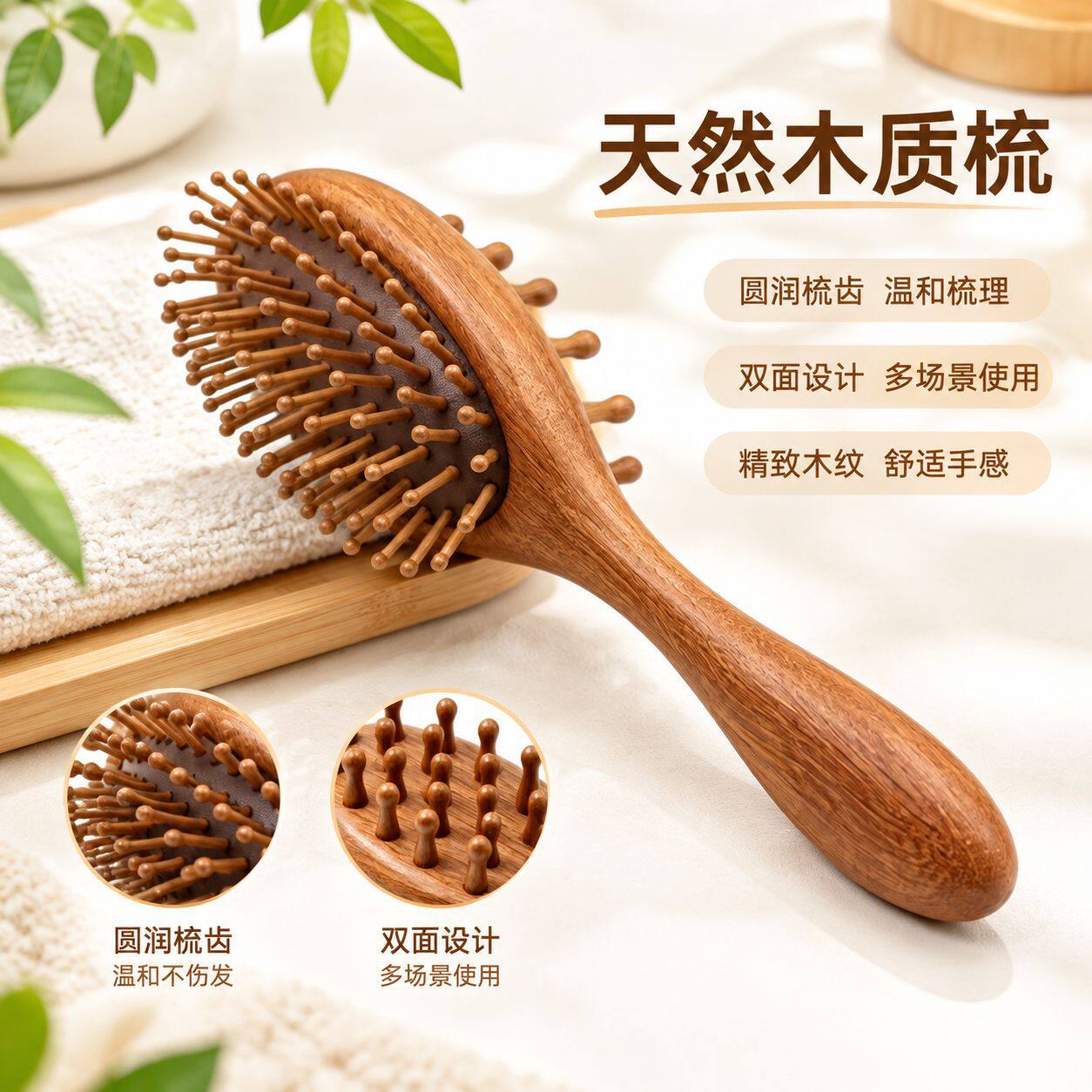 檀木椭圆双面梳按摩梳大号经络梳木梳梳子檀木美发梳