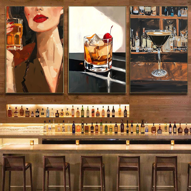 美式复古风酒吧美女挂画威士忌香槟油画风装饰画西餐厅水吧台壁画