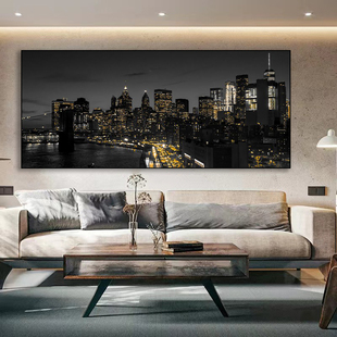 客厅沙发背景墙装饰画工业风城市建筑图餐厅挂画摄影夜拍夜景壁画