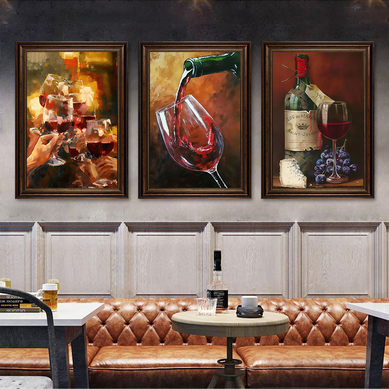 红酒油画风装饰画酒吧私人酒馆墙欧式复古葡萄酒挂画高级会所壁画