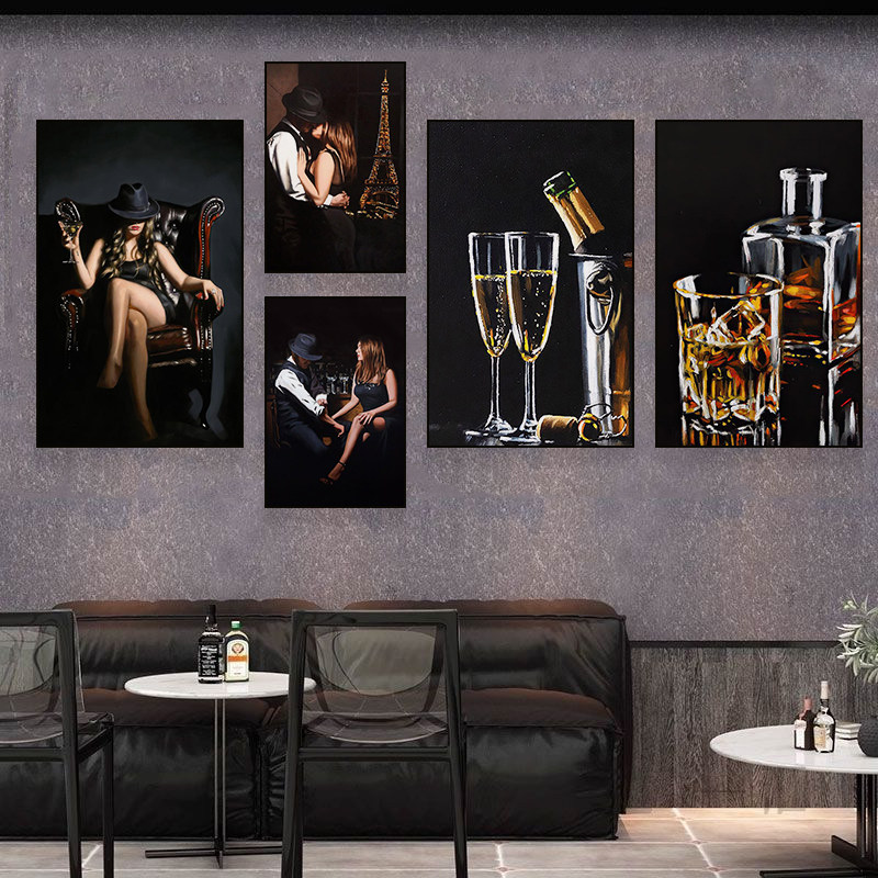酒店西餐厅轻奢风红酒挂画酒吧墙复古绅士美女装饰画高级会所壁画