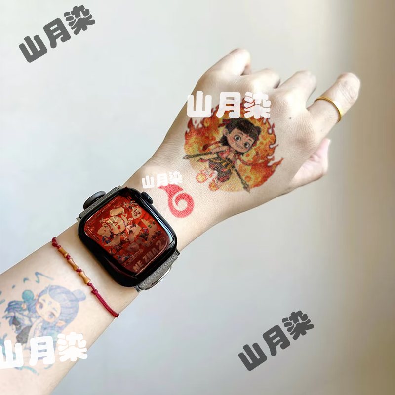 哪吒系列卡通闪粉Q版纹身贴魔童可爱小鼻嘎花臂防水儿童无毒同款