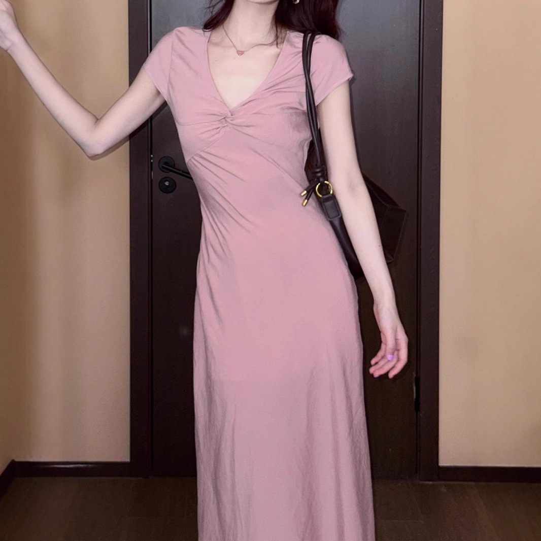 夏安若斜裁修身收腰连衣裙2025 夏季四色法式气质A字长裙