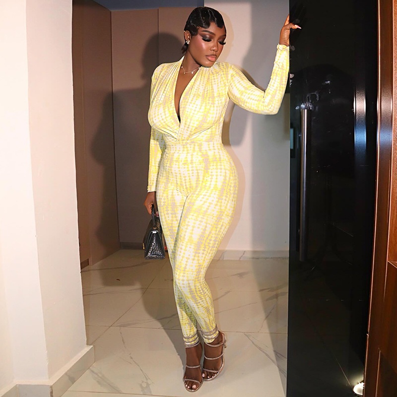 夏安若欧美风ins跨境女装修身印花褶皱长袖连体裤V领外出百搭拼色