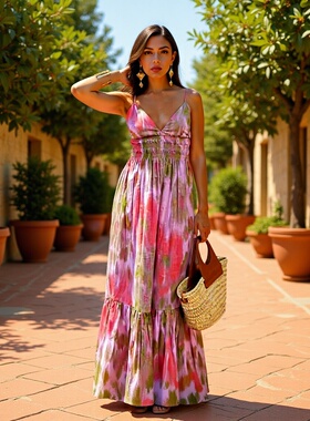 夏安若2023夏季新品欧美跨境女装度假风印花迷笛吊带连衣裙  2730