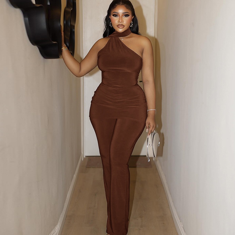 夏安若欧美风跨境女装街头斜领挂脖显瘦连体裤纯色修身包臀性感长