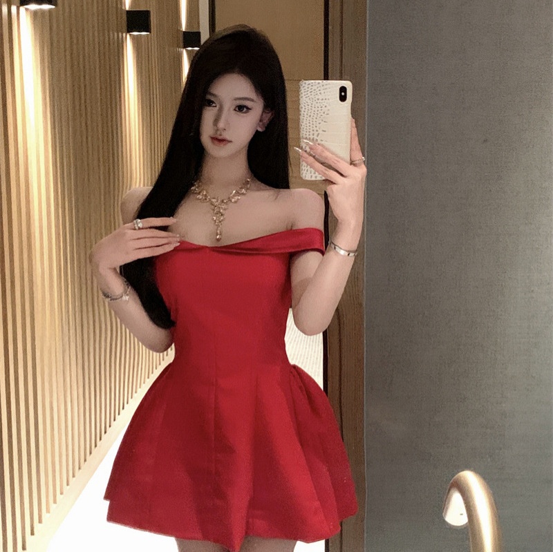 夏安若一字肩连衣裙感法式名媛公主裙绝美party小礼裙红色生日