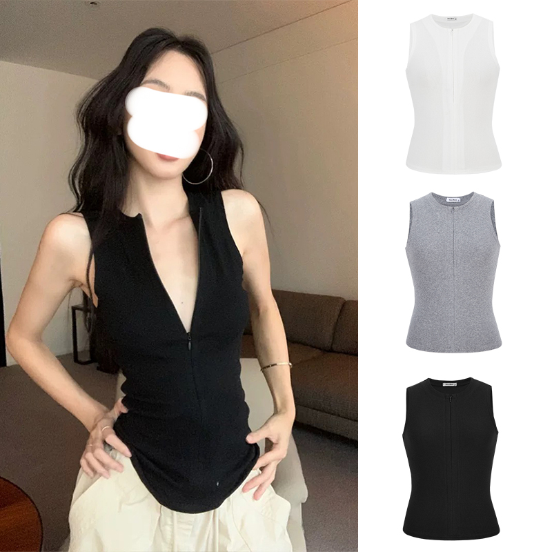 辣妹圆领拉链无袖吊带背心女夏时尚修身上衣