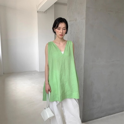 夏安若爱与南希十三行2025夏季亚麻透气宽松休闲系带v领无袖背心