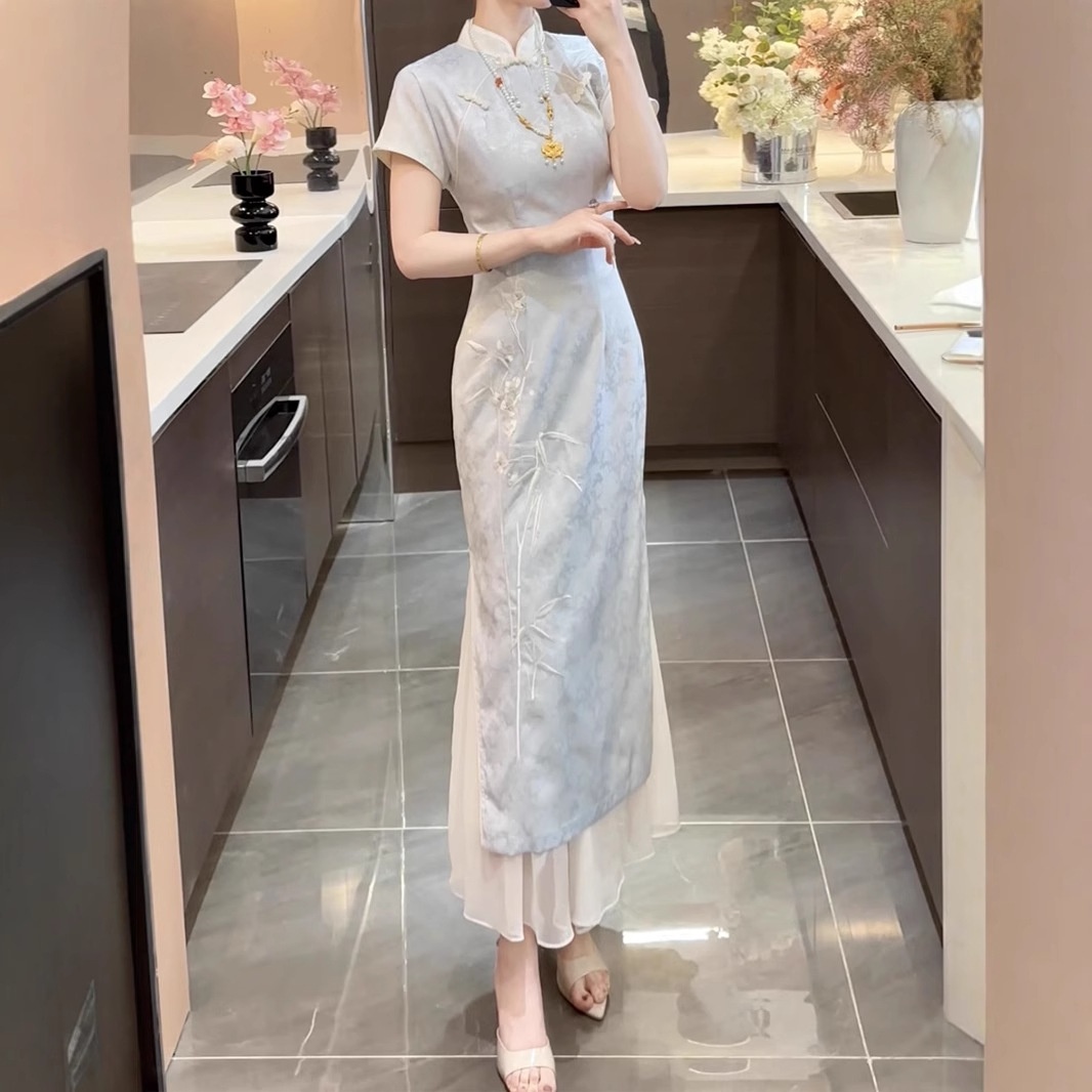 夏安若竹仙2025新款新中式晕染提花收腰刺绣连衣裙国风改良旗袍包