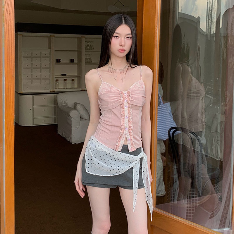 夏安若针织吊带背心女辣妹荷叶边低领收腰显瘦上衣可拆卸丝巾短款