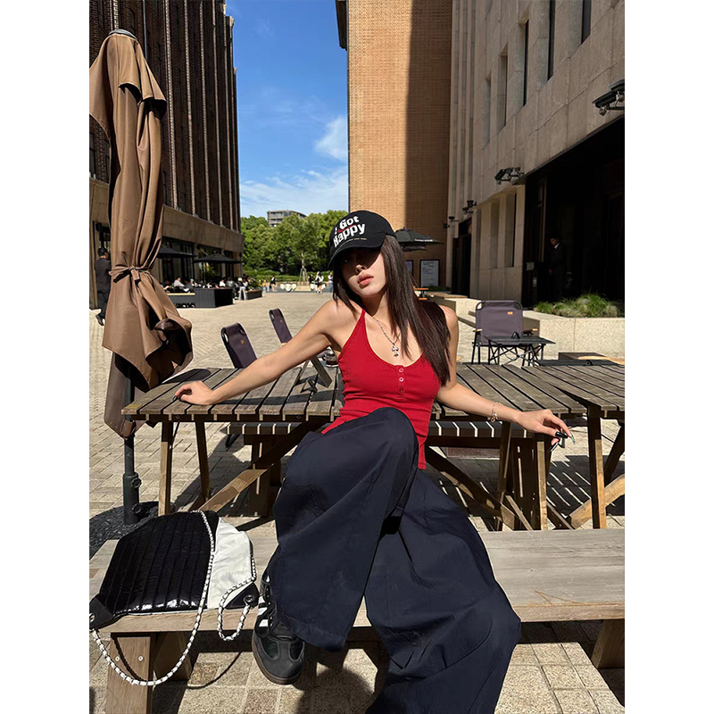 百搭挂脖纽扣修身吊带背心女夏纯欲气质上衣