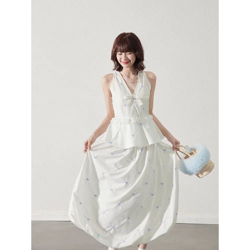 夏安若实拍现货刺绣蕾丝拼接无袖上衣半身裙套装女夏季设计感