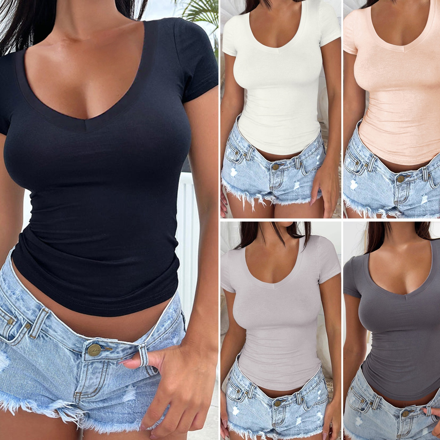 夏安若迪芸欧美跨境亚马逊y2k女装短袖2024春夏u领修身纯色长袖