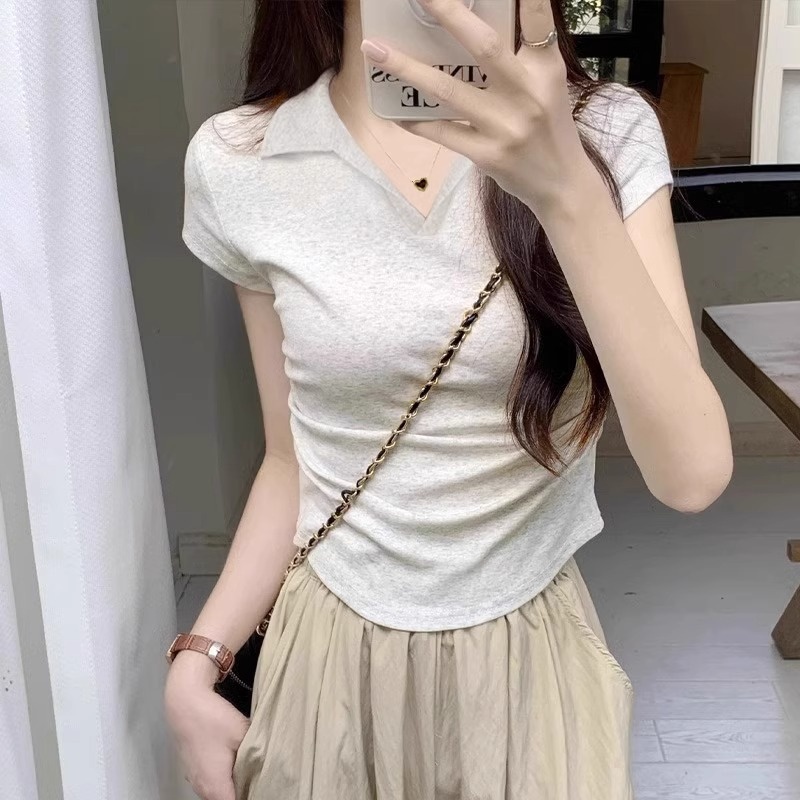 夏安若夏季新款POLO领纯棉正肩短袖T恤女纯欲风收腰修身百搭显瘦