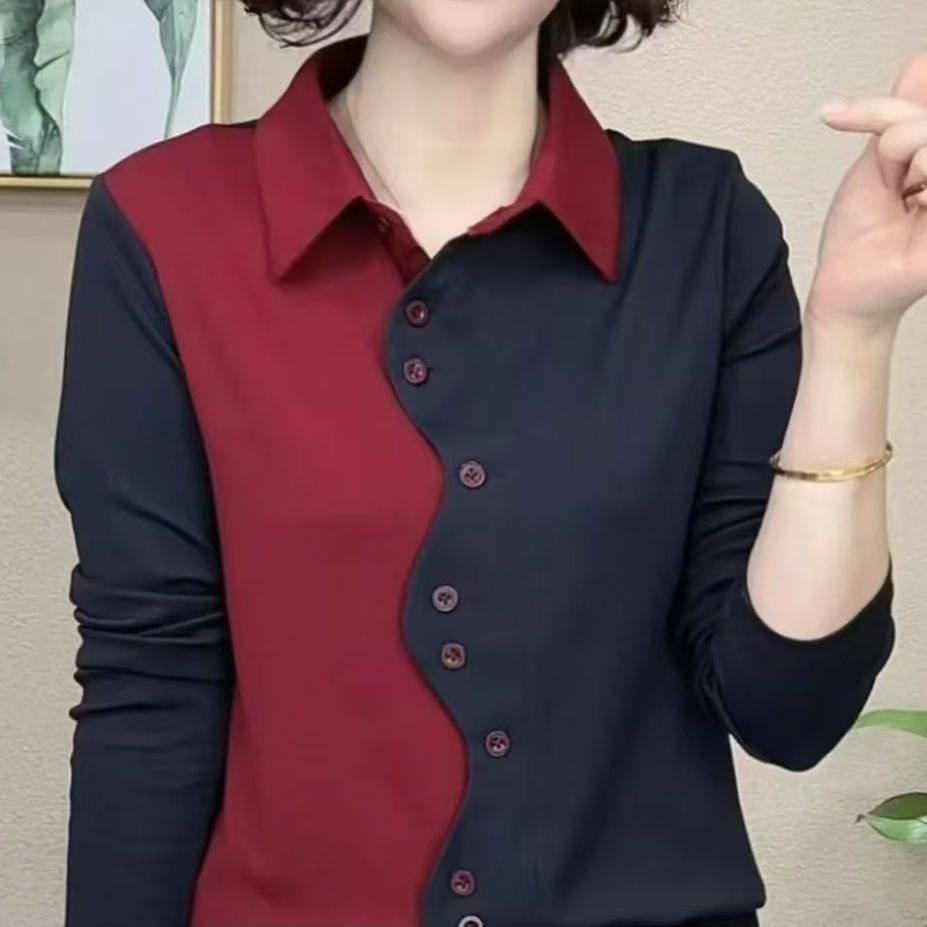 夏安若春季新款洋气减龄显瘦遮肉拼接撞色时尚设计感妈妈装长袖